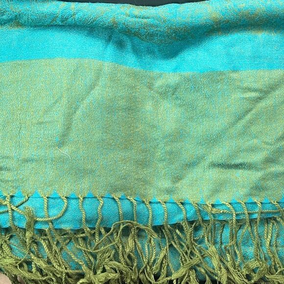 Pashmina Silk Scarf in Teal and Olive - Picture 5 of 5